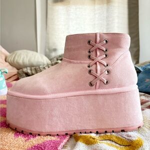 Dolls Kill Pink Lace-Up Wedge Boots